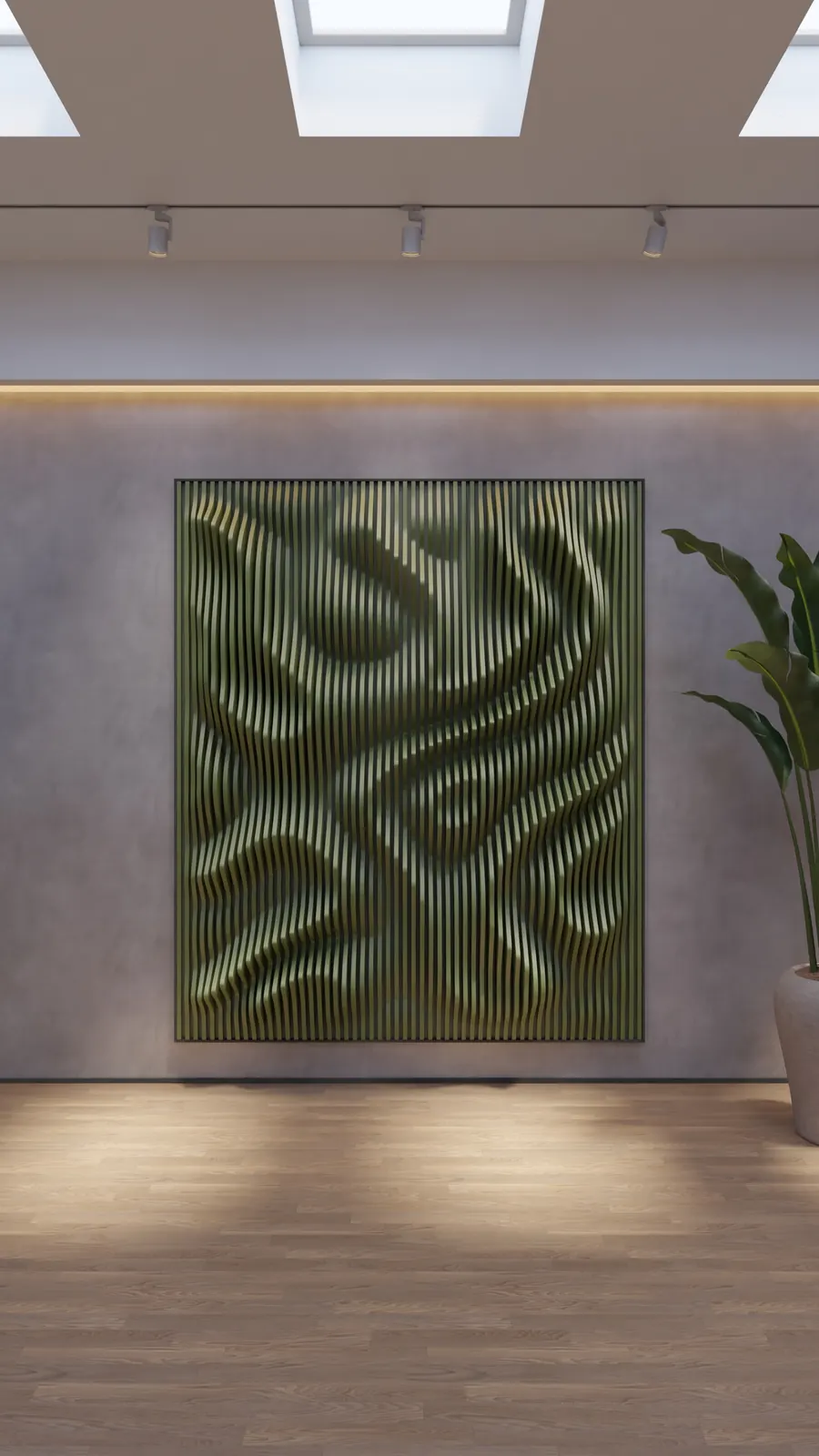 Reed green square panel with Perlin relief in a gallery