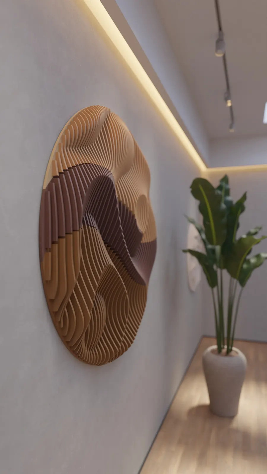 Two-tone wooden disc panel with Perlin relief