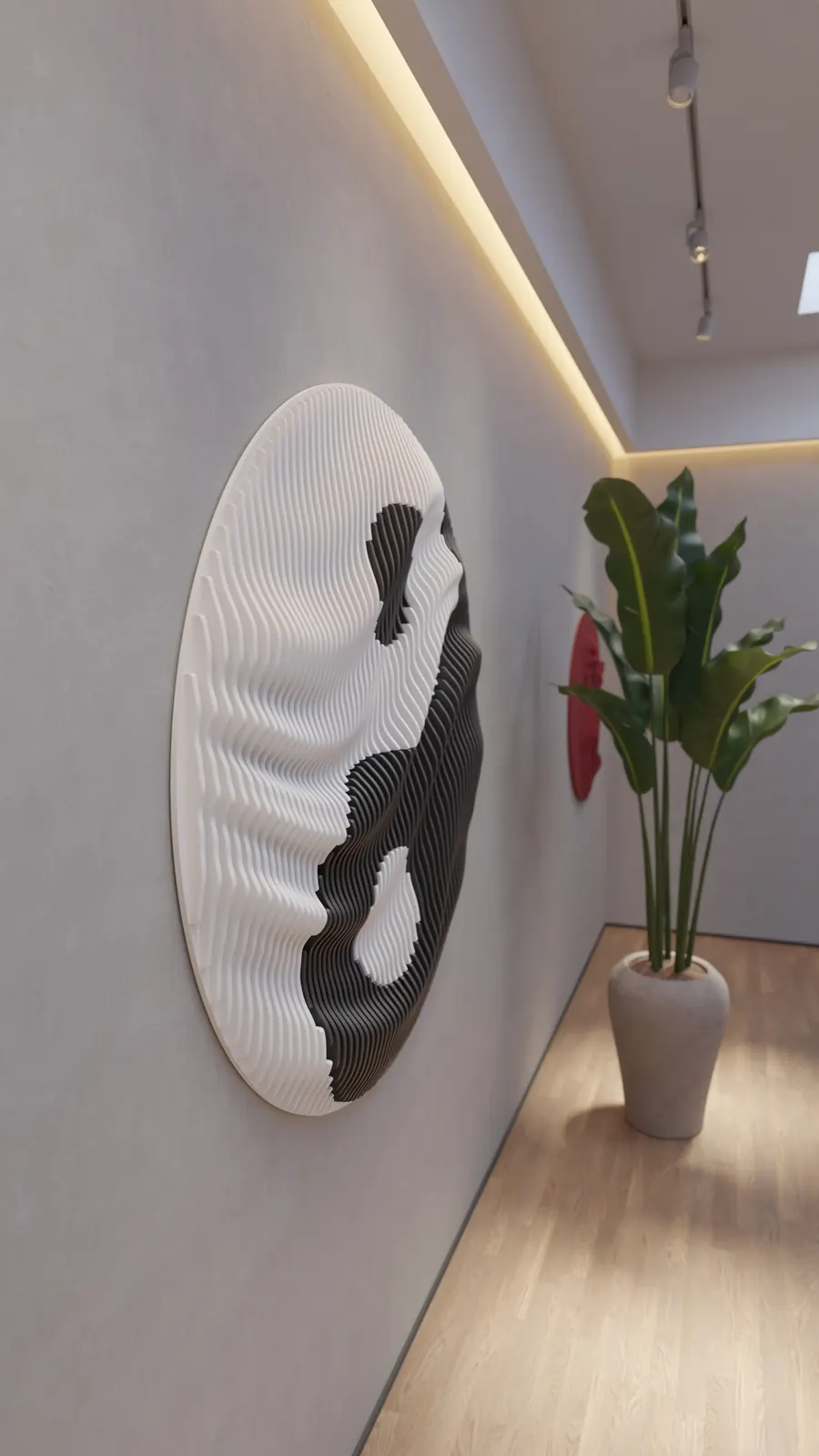 Black and white yin-yang disc with warp field relief